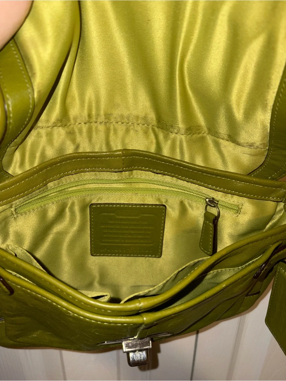 Coach Olive Green Leather Crossbody with Silver Chain Strap